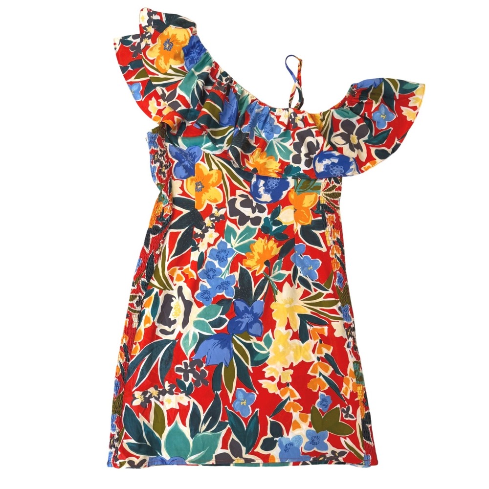 Gaudie Floral Boho One Shoulder Ruffle Mini Dress Red Blue Yellow Tropical M